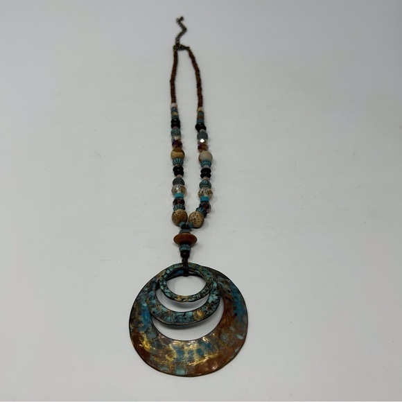 Bohemian Long Blue and Brown Beaded Necklace with Layered Copper Round Medallion - Picture 7 of 7